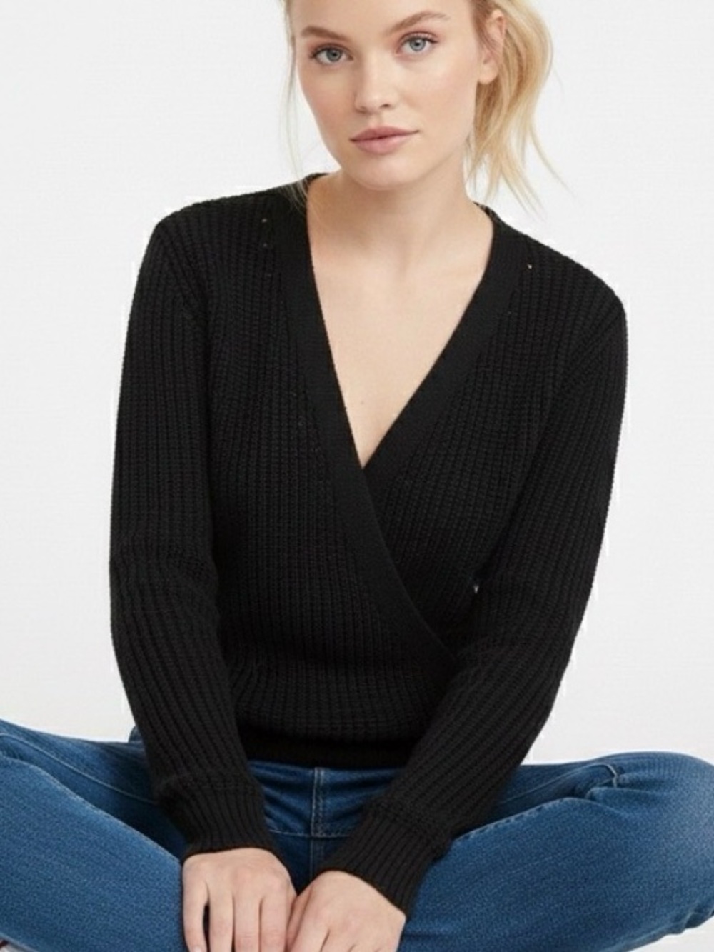 Abercrombie Black Faux Wrap Sweater Ribbed V Neck Fitted Knit Size S
